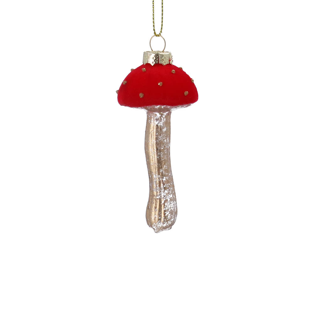 Red Flock/Gold Glass Toadstool Decoration