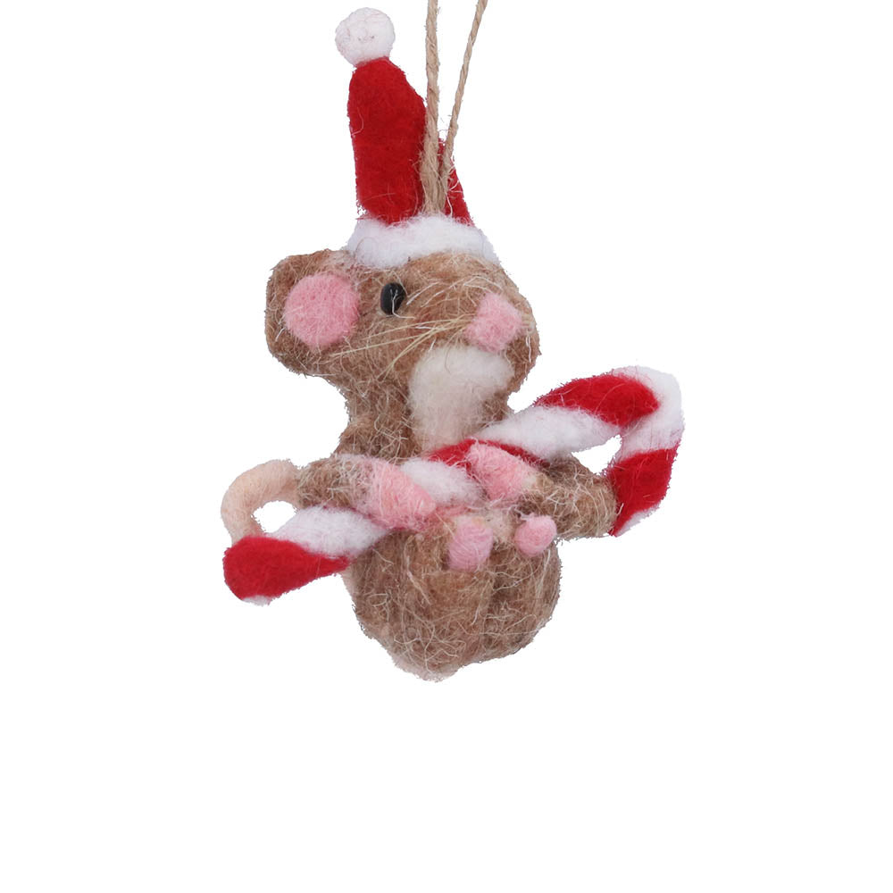 Mouse with Candy Cane Wool Decoration