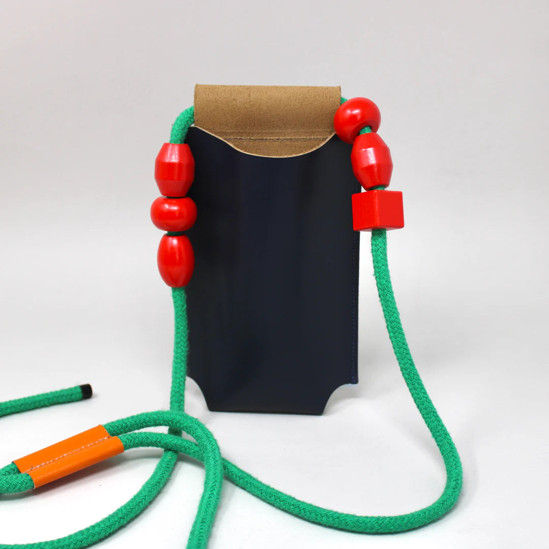 Navy Leather Phone Bag - Red Beads