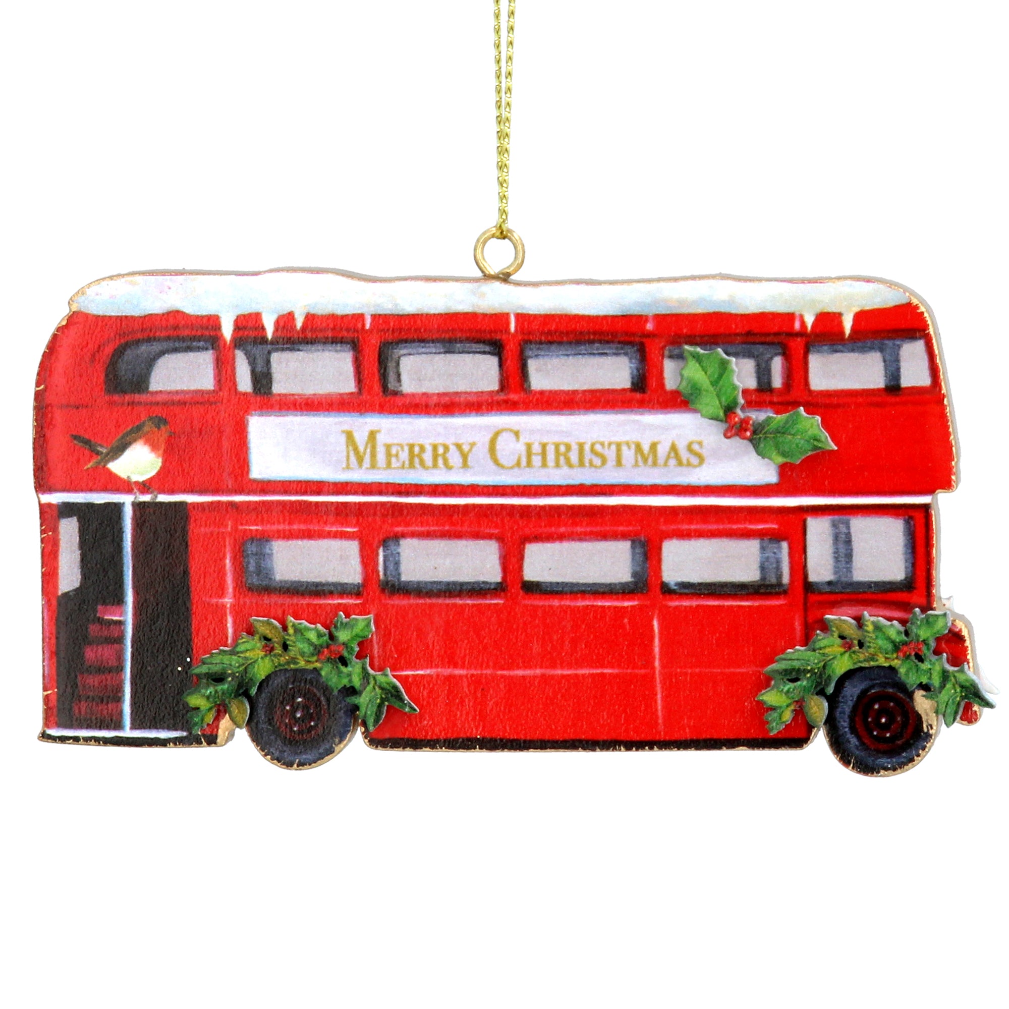 London Bus with Holly Wooden Decoration