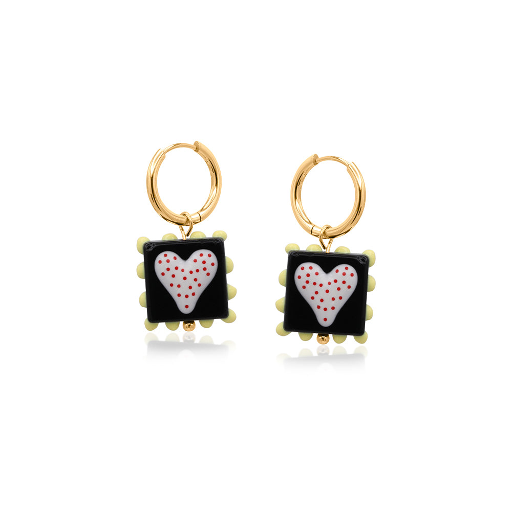 Heart Square Charm Earrings Black