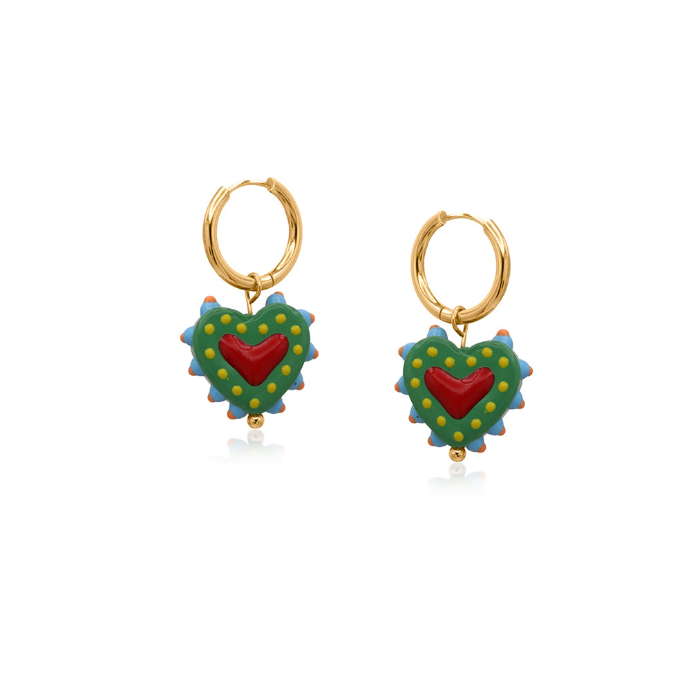 Heart Charm Earrings Green