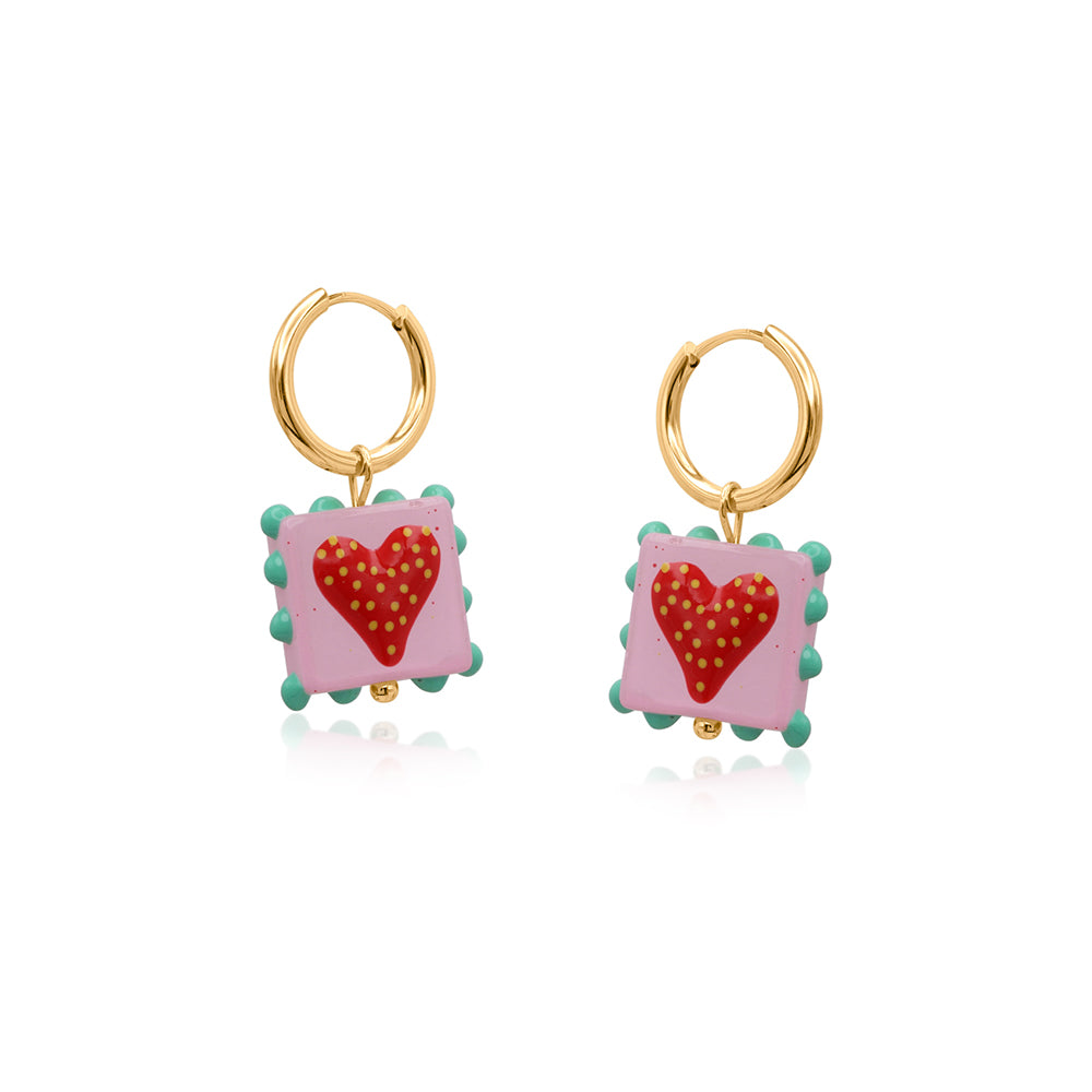 Heart Square Charm Earrings Pink