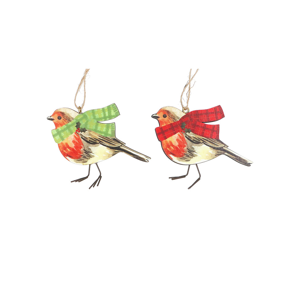 Wood Robin in Plaid Scarf Decoration