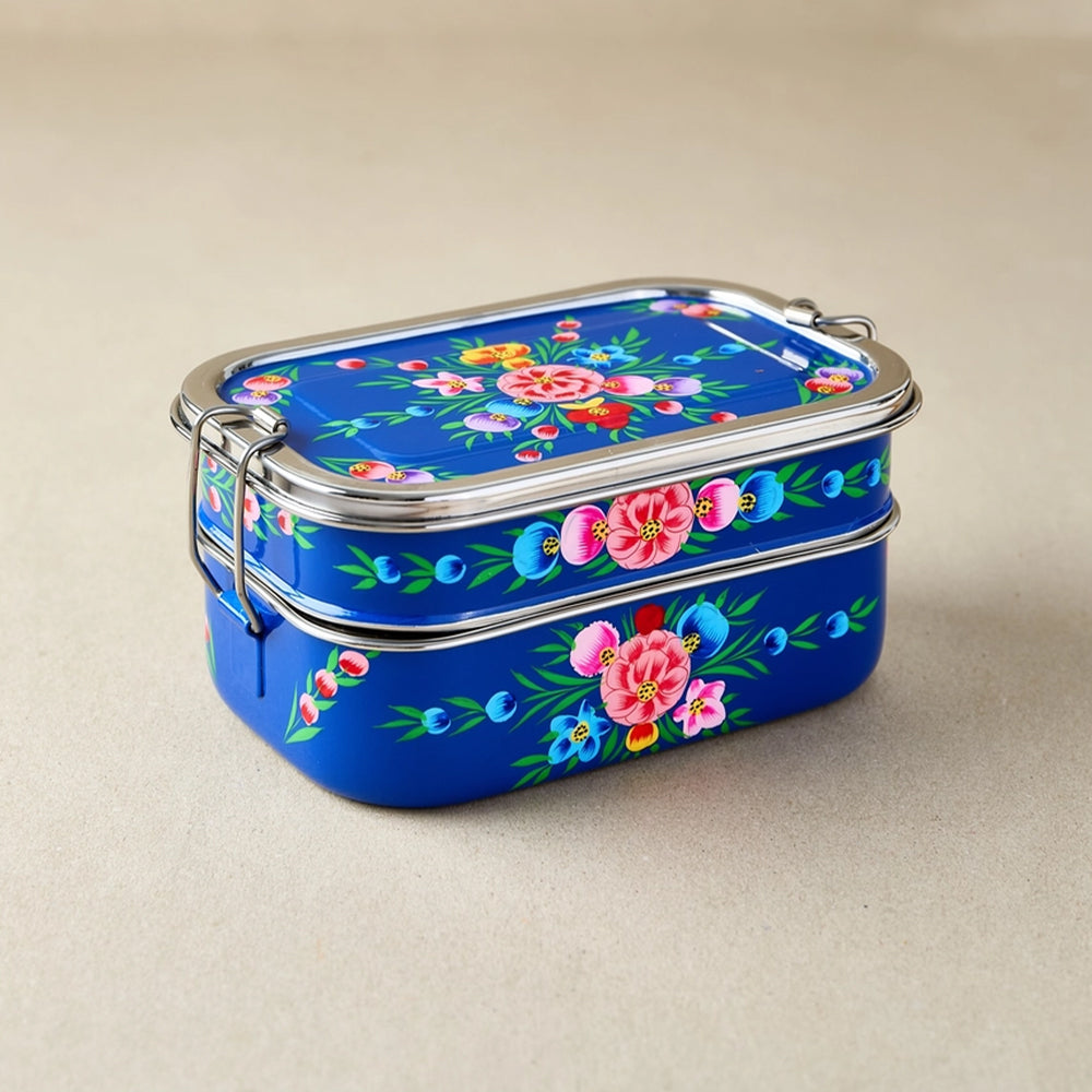 Stainless Steel Tiffin-Style Lunchbox- Dark Blue Garland