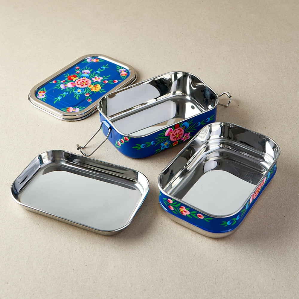 Stainless Steel Tiffin-Style Lunchbox- Dark Blue Garland