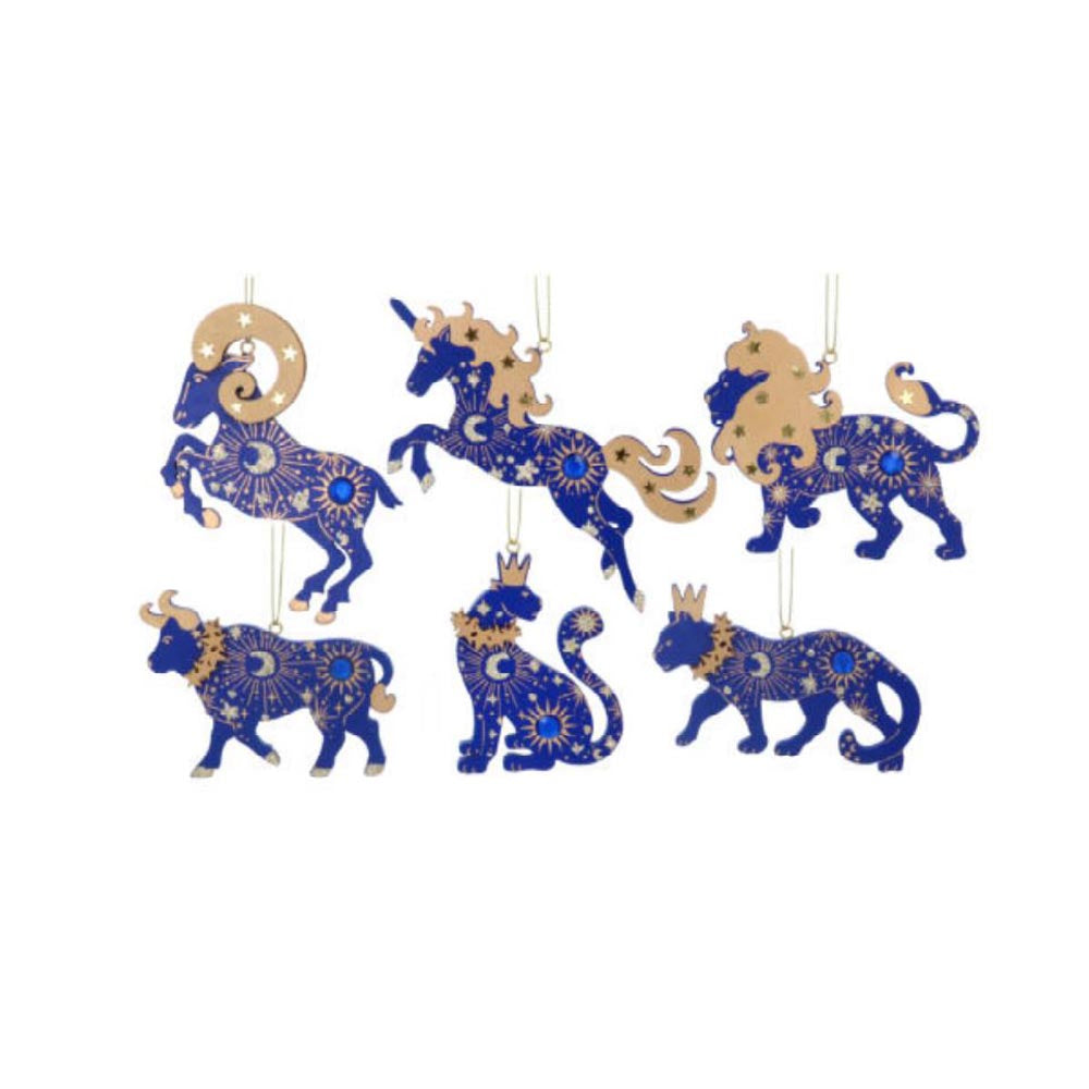 Blue and Gold Celestial Animals with Jewels Wooden Decoration