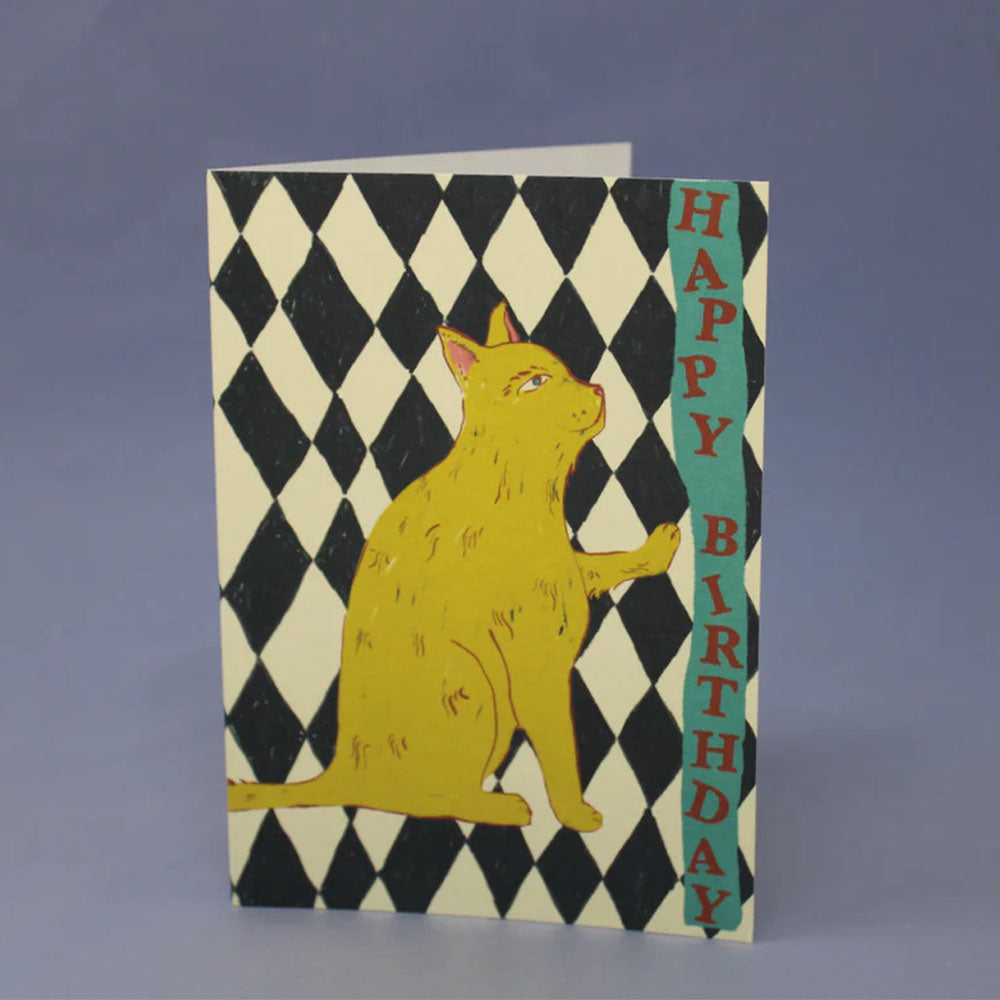 Checkerboard Cat Happy Birthday Card