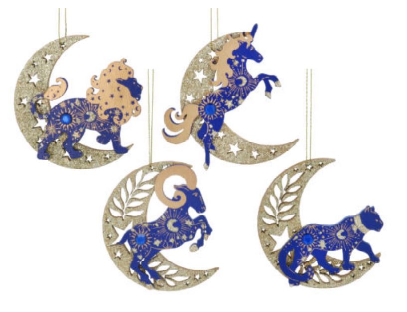 Blue and Gold Celestial Animals with Moon Wooden Decoration