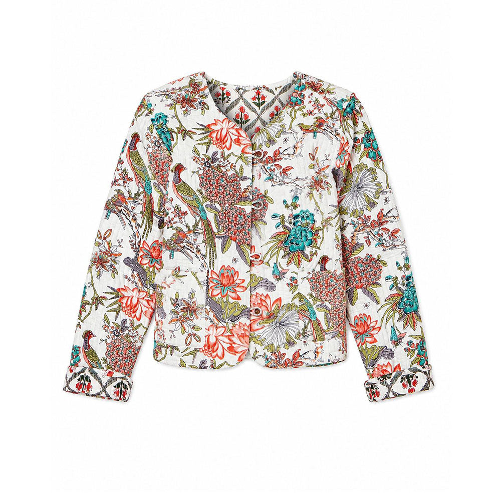 White Peacock Print Reversible Cotton Quilted Jacket