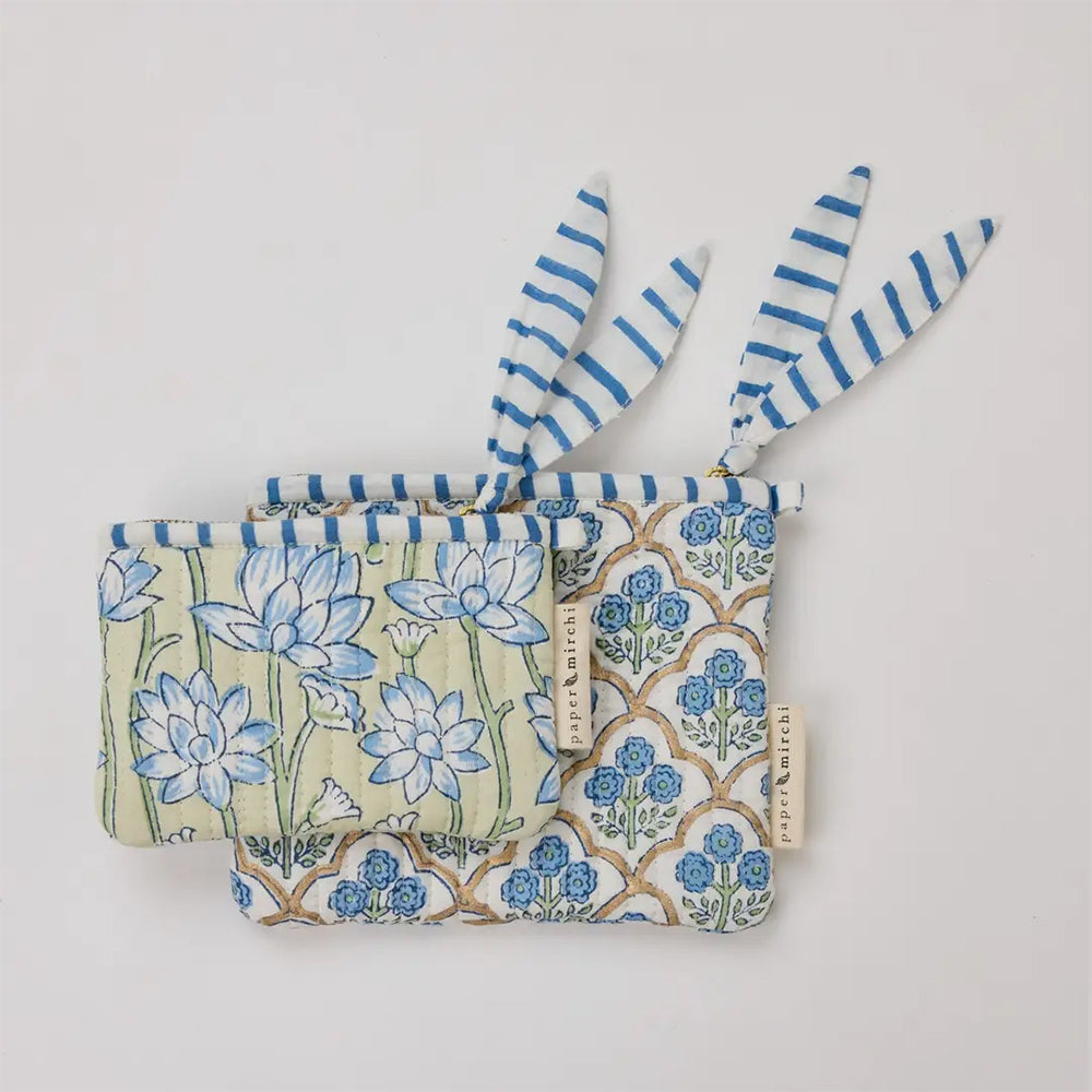 Floral Indigo Zipped Pouch - Set of 2