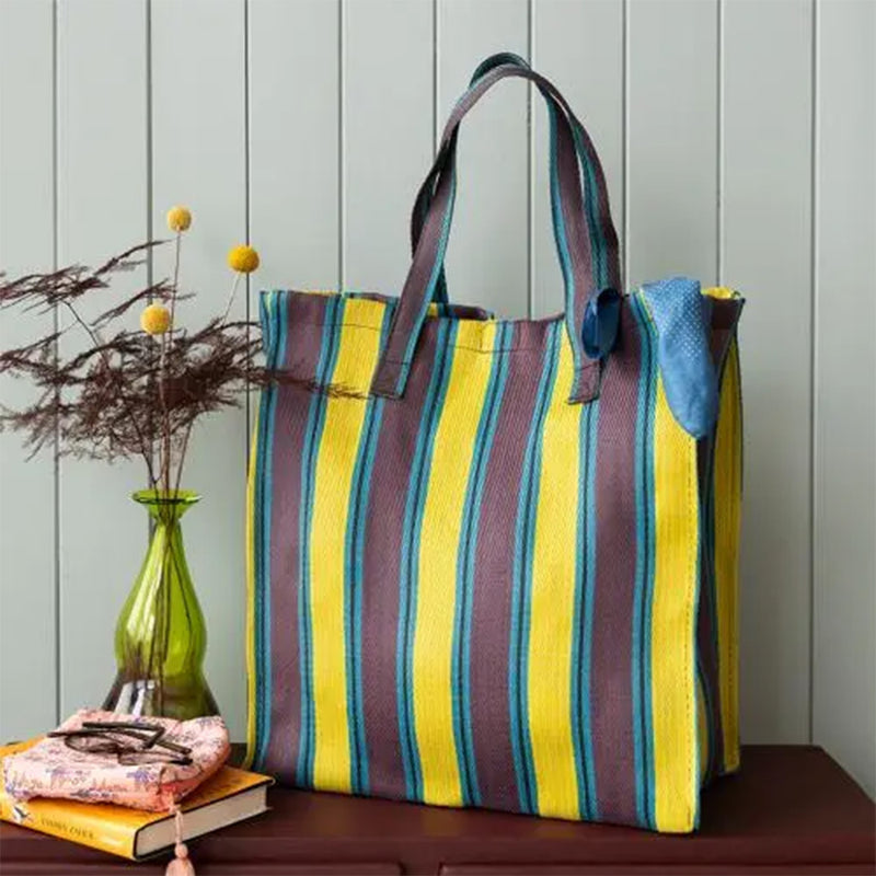 Striped Tote Bag - Yellow, Teal and Brown
